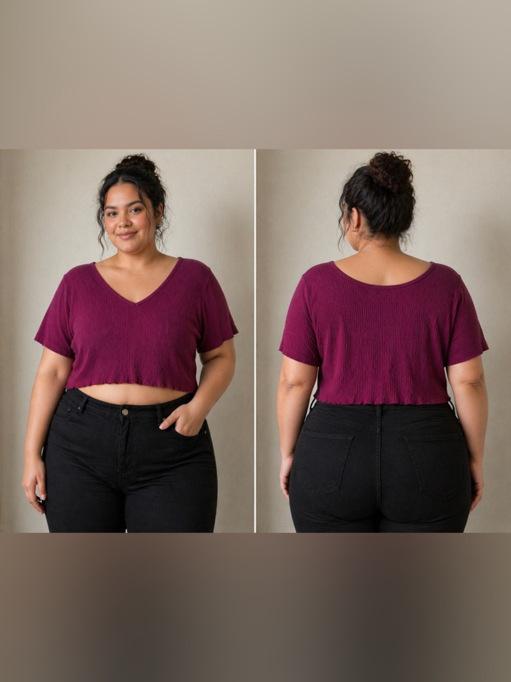 Ribbed V-Neck Cropped Tee in Plum